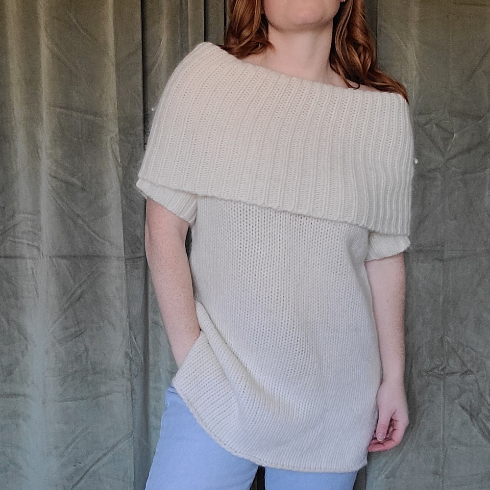Officesiren Preppy Knit Wool & Mohair Off the Shoulder Turtleneck Tunic Sweater